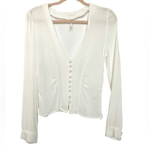 Free People top size M cream ivory button front cuffed long sleeve ruched sides
